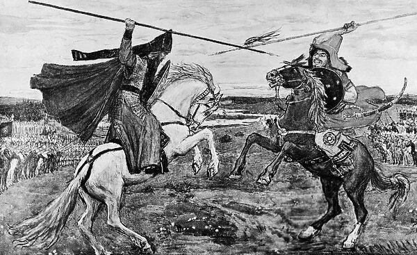A depiction of a battle between a russian monk, alexander peresvet, and mongol chief temir-murza (also known as chelubey or cheli-bey) at kulikovo in 1380, picture by victor vasnetsov
