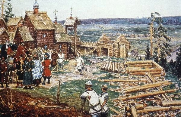 Depiction of the construction of the moscow kremlin out of logs under the reign of yuri dolgoruky in the 12th century