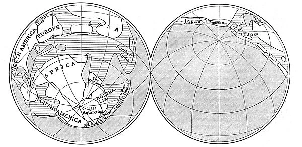 Diagram of the Earth during Carboniferous period. Land - unshaded: Deep sea - diagonal lines