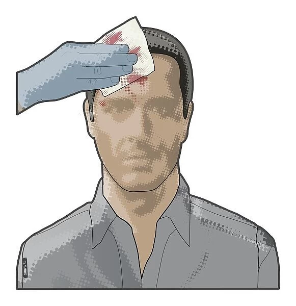 Digital composite of hand holding sterile gauze on bleeding head wound