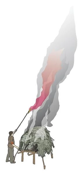 Digital composite illustration of man holding red flare to billowing smoke of dome signal fire