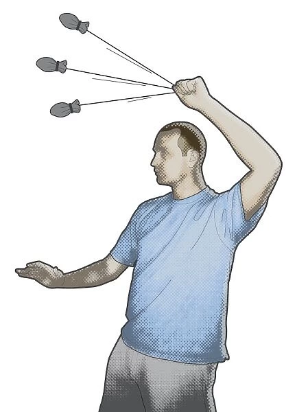 Digital composite illustration of man swinging a bola above head