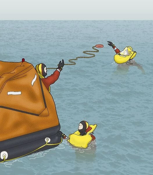 Digital composite of man on liferaft throwing quoit and rope to man in sea