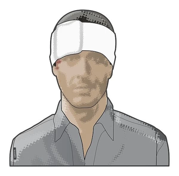 Digital composite of man with sterile bandage protecting head wound