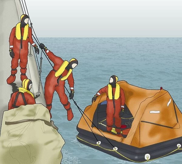 Digital composite of men abandoning ship into liferaft