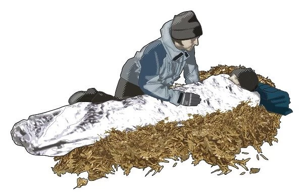 Digital composite of woman kneeling above hypothermia casualty covered in survival blanket lying on thick layer of dry leaves
