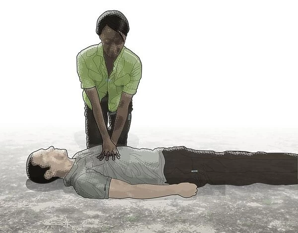 Digital composite of woman performing CPR on chest of male casualty