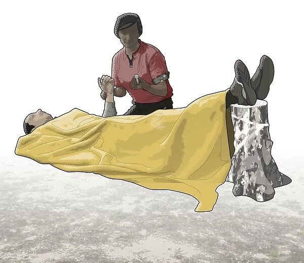 Digital composite of woman taking pulse of casualty lying on back under blanket with legs raised on tree trunk