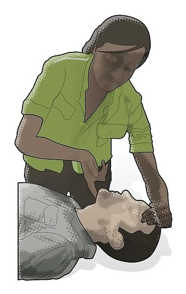 Digital composite of woman using finger on chin and hand on forehead to move head of male casualty back
