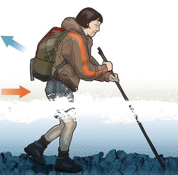 Digital illustration of female hiker wading through water using walking staff to asses depth of fast-flowing river