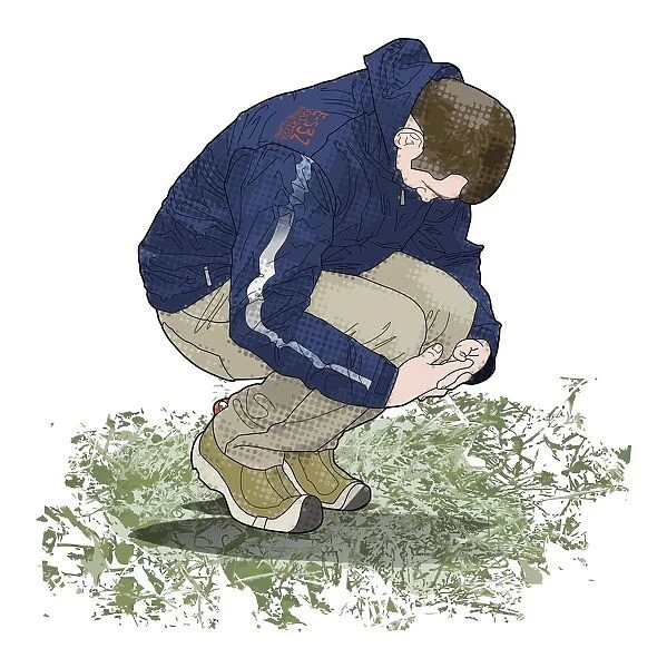 Digital illustration of man crouching on ground looking down and holding knees