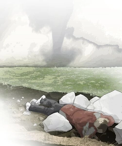 Digital illustration of man lying on front with hands behind head taking cover in rocks from advancing tornado