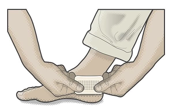 Digital illustration of man putting adhesive plaster on foot