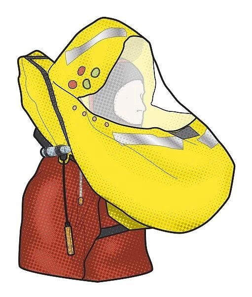 Digital illustration of man wearing hooded lifejacket and survival suit