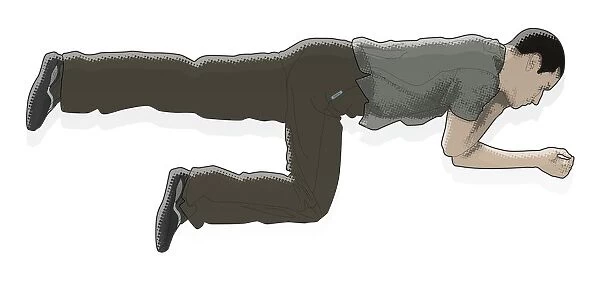 Digital illustration of unconscious man lying in recovery position