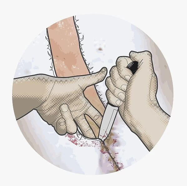 Digital illustration of using small knife to skin animal