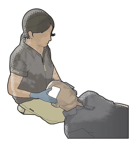 Digital illustration of woman holding sterile gauze on eye of man