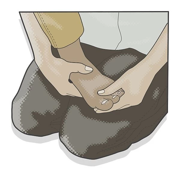 Digital illustration of woman kneeling massage foot and toes