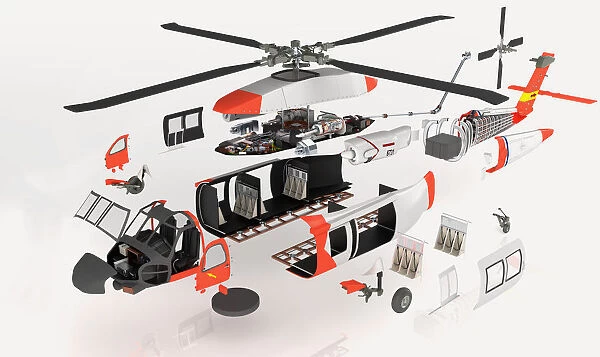 Disassembled parts of a military helicopter