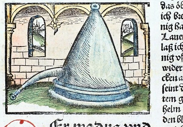 Distillation 1500. The Rosenhut, a form of still. From Liber de arte distillandi