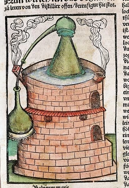 Distillation: Still in water bath (bain-marie), showing an Alembic. From Braunschweig