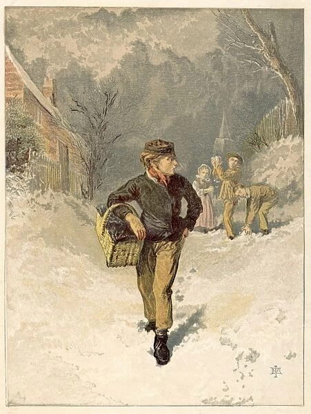 The Doctors Boy: Errand boy on his way to deliver medicines on a winters day