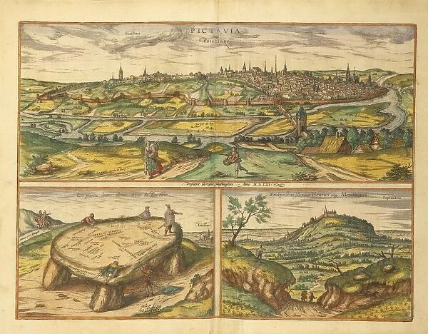 Dolmen near Poitiers and city of Poitiers and Montherre from Civitates Orbis Terrarum by Georg Braun, 1541-1622 and Franz Hogenberg, 1540-1590, engraving