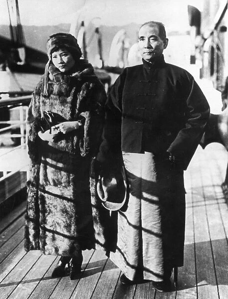 Dr, sun yat sen, chinese revolutionary leader (1866-1925), with his second wife, soong ching-ling during a journey by ship from canton to peking in the winter of 1924