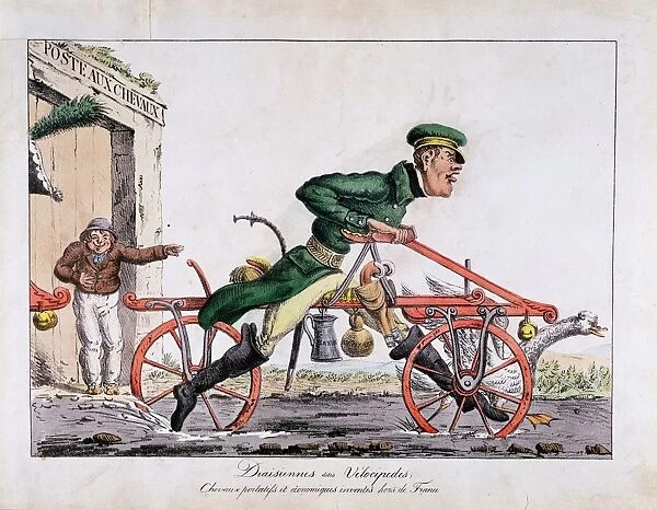 Draisien or Velocipede shown replacing horses in the French post service. Coloured