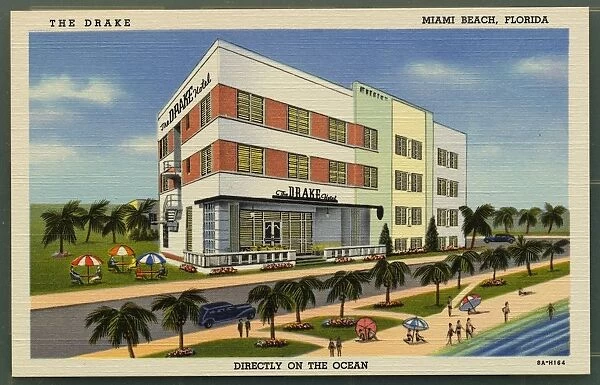 The Drake Hotel in Miami Beach. ca. 1938, Miami Beach, Florida, USA, THE DRAKE, MIAMI BEACH, FLORIDA. DIRECTLY ON THE OCEAN. The Drake Hotel, Ocean Drive at 15th St. Miami Beach, Florida. Excellent location-Overlooking Ocean-All outside rooms with Private Baths and Tub Showers-Elevator street level-Spacious Lobby-Patio-Modern Solarium-Surf bathing from your room-Connected Parking Grounds-European Plan-