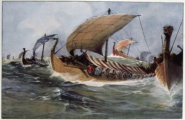 Drakkar. Viking longships under sail. Watercolour by Albert Sebille (1874-1953)