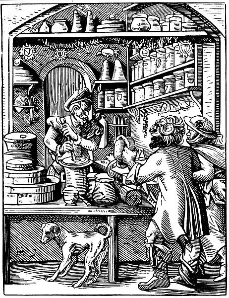 The Druggist. 16th century woodcut by Jost Amman. Druggist is using pestle and mortar