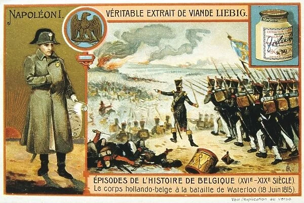 Dutch and Belgian forces in action at the Battle of Waterloo, 8 June 1815. Liebig trade card c1900