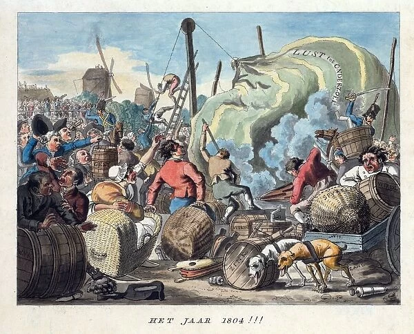 Dutch cartoon, 1794, predicting ballooning in 1804. Chaotic scene as an attempt is