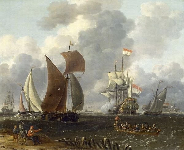 Dutch Warship in a Calm Sea Artist, Abrham Storck (c1635-1704). Oil on wood