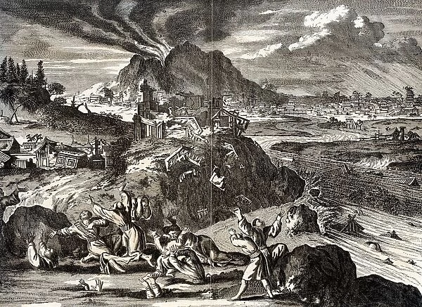 Earthquake of 1650 at Tokyo (Yedo), Japan. After engraving published Amsterdam 1669