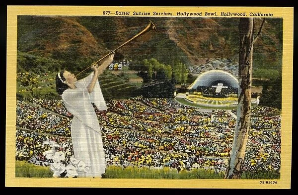 Easter Service at Hollywood Bowl. ca. 1947, Hollywood, Los Angeles, California, USA, 877-Easter Sunrise Services, Hollywood Bowl, Hollywood, California. The Hollywood Bowl is a large natural outdoor amphitheatre in the Hollywood foothills, where during the summer months Symphonies Under the Stars are given, under the baton of nationally known directors. Easter sunrise services observed here each year-seating capacity-30, 000