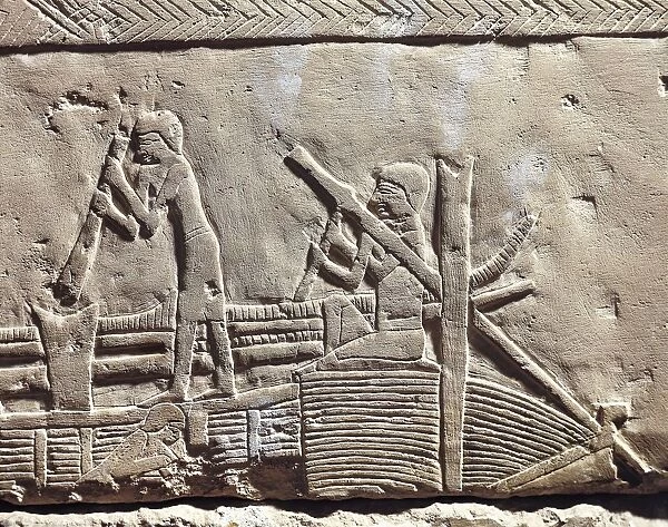 Egypt, Ancient Memphis, Necropolis of Saqqara. Mastaba of Ipi. Relief portraying carpenters repairing boat. (New Kingdom, Dynasty XVIII)