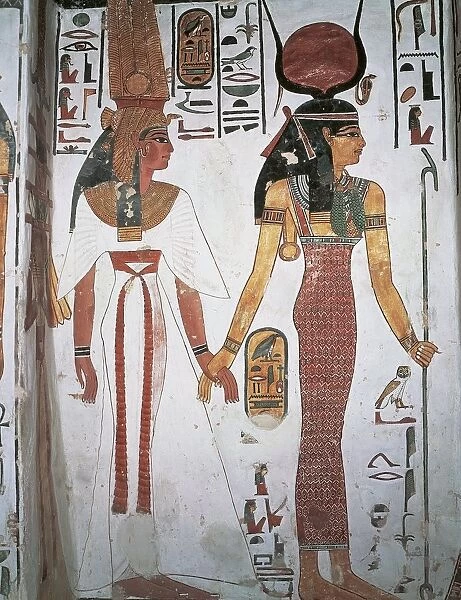 Egypt, Ancient Thebes, Luxor, Valley of Queens, Tomb of Nefertari, Detail of frescoes in burial chamber, Queen Nefertari preceded by Isis