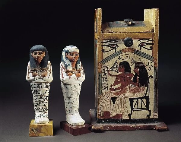 Egypt, Deir el-Medina, Painted limestone funerary servants and painted wood shabti chest of Khabekhent