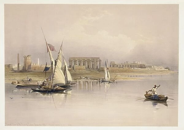 Egypt, ruins of Luxor from River Nile, engraving based on drawing by David Roberts