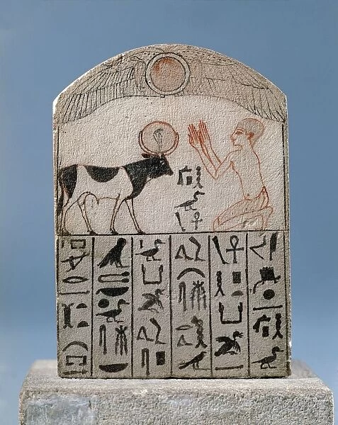 Egyptian painted limestone stele depicting worship of bull god Apis, from Serapeum at Saqqara, Egypt, New Kingdom