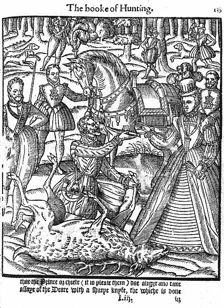 Elizabeth I (1533-1603) on the hunting field alights to perform the ceremony of assaying the stag