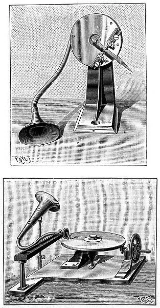 Emil Berliners Gramophone. Top: Recording stylus and mouthpiece. Bottom: Playing a disc