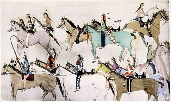 The End of the Battle. Sioux warriors leading away captured horses after defeating