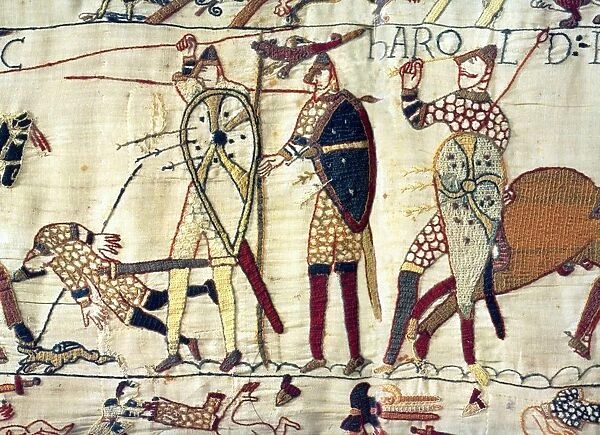 English King Harold lies dead at the Battle of Hastings during the Norman Invasion of 1066