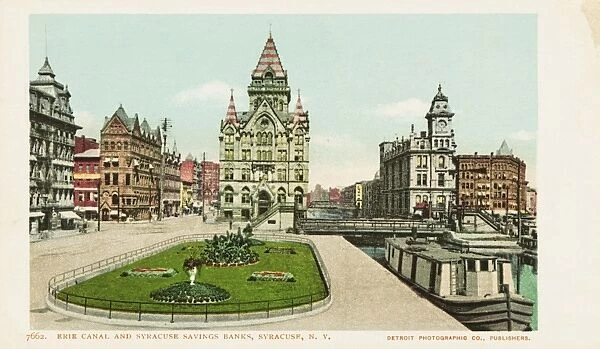 Erie Canal and Syracuse Savings Banks Postcard. ca. 1900, Erie Canal and Syracuse Savings Banks Postcard