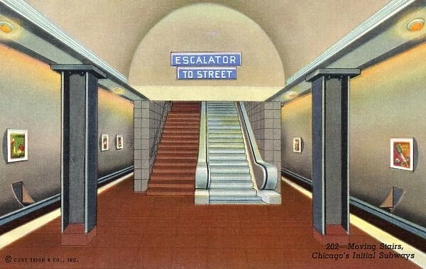 Escalator in Chicagos Initial Subways. ca. 1941, Chicago, Illinois, USA, 202--Moving Stairs, Chicagos Initial Subways. Reversible escalators are to operate between train platforms and mezzanine stations of Chicago 8 3  /  4 mile, two route, initial subways. Other equipment is to include streamlined all-metal cars, rubber-insulated tracks and fluorescent lighting