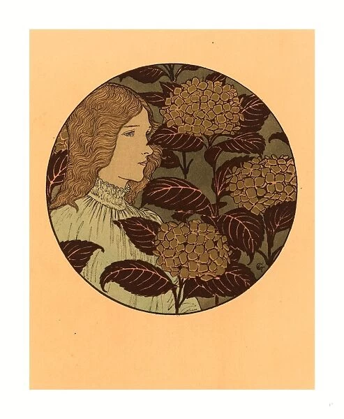 Eugene Grasset, Roundel Portrait Of A Girl, French, 1841 1917, Lithograph In Green, Black, And Gold