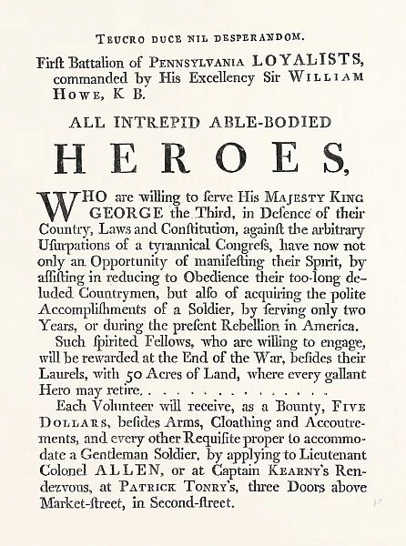 FACSIMILE OF A PROCLAMATION BY SIR WILLIAM HOWE; All intrepid able bodied heroes